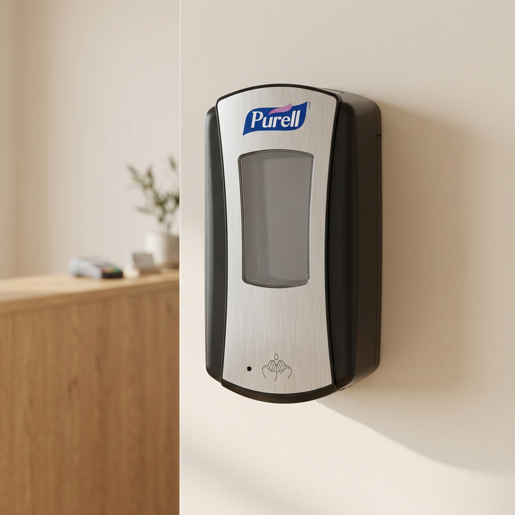 Purell LTX-12 håndspritdispenser i krom/sort ved reception