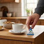 Hånd tager en portion Arla minimælk ved kaffekop i køkken