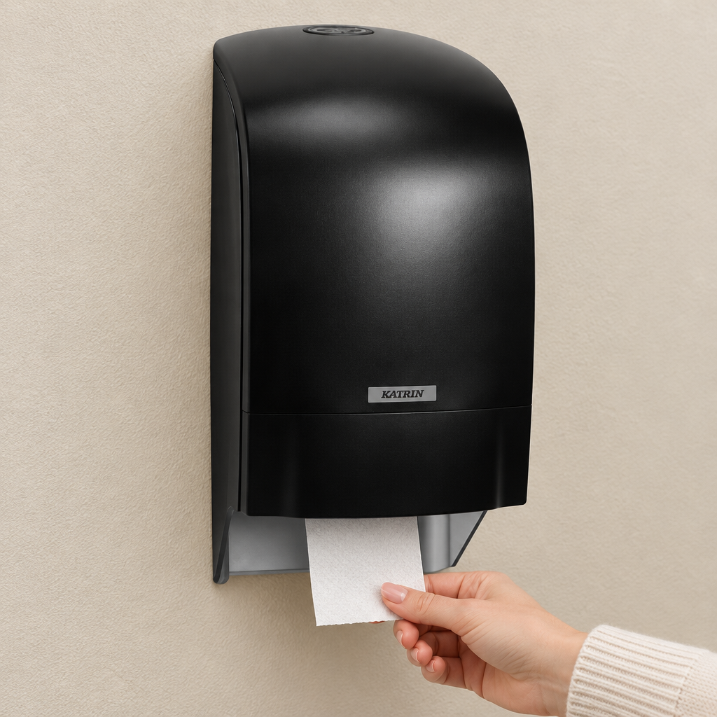 Sort Katrin-toiletrulledispenser i brug på beige væg