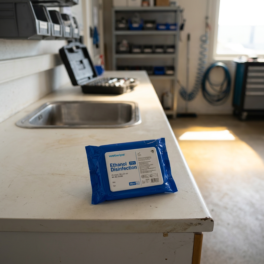 Wet Wipe Ethanol Mini i skygge på bord i værkstedets personalefaciliteter