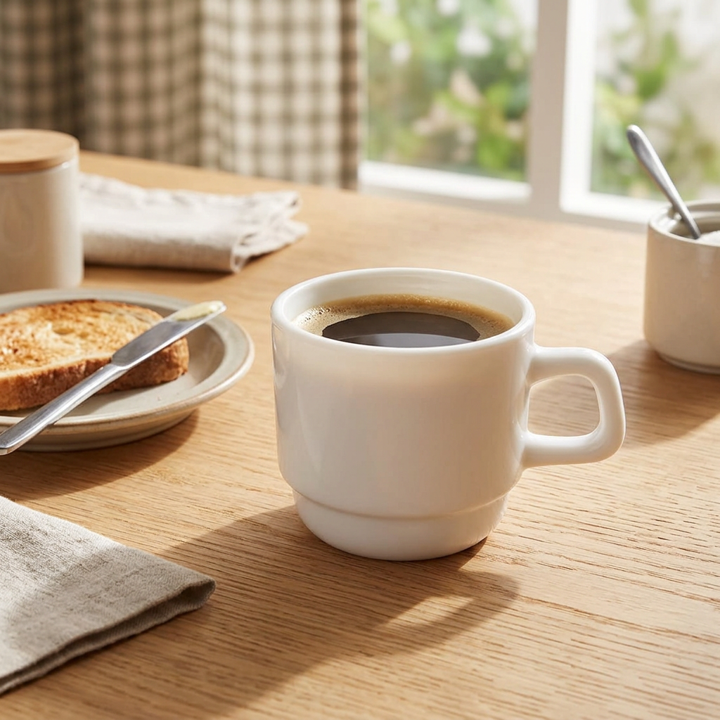 Hvid kop med kaffe ved morgenbord