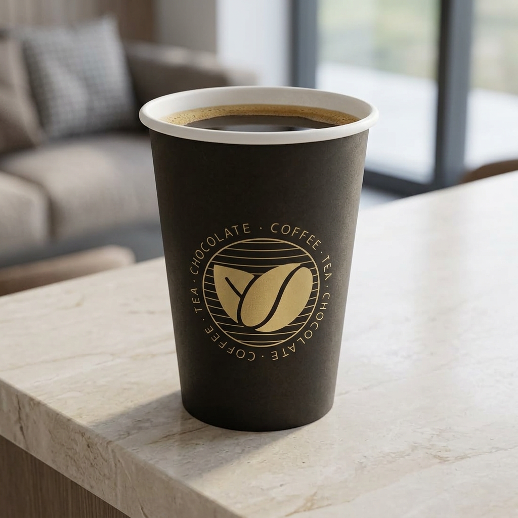 Sort Beans-kaffebæger 36 cl med kaffe på lys stenbordplade