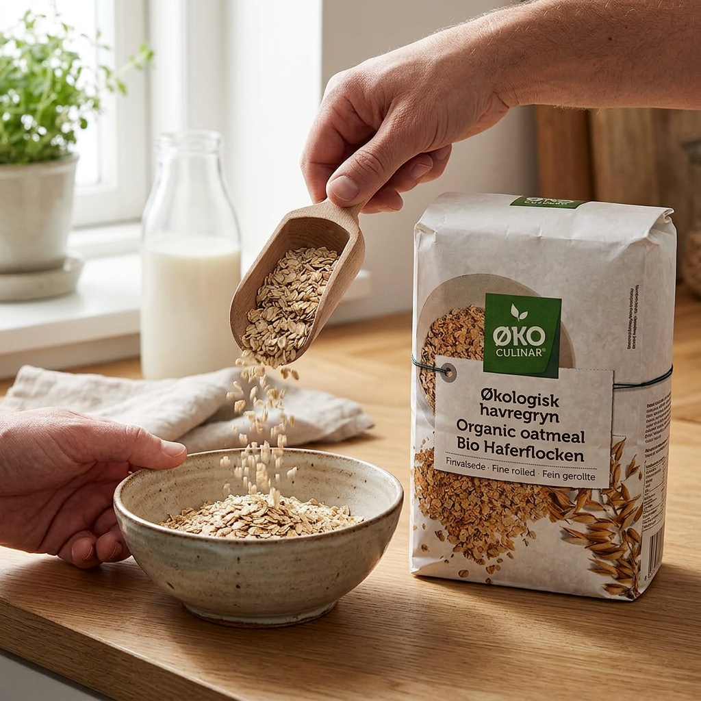 Øko Culinar havregryn hældes i en morgenmadsskål