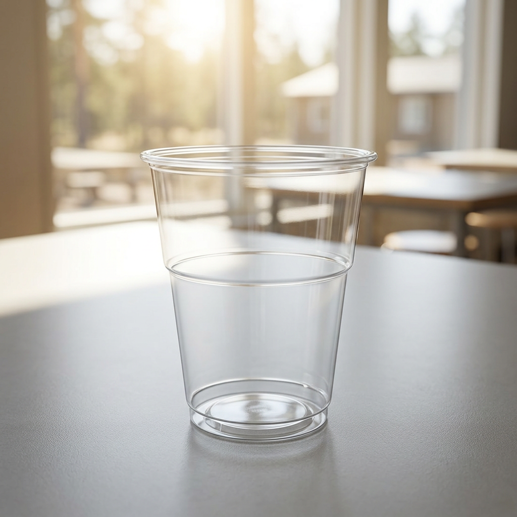 Tomt klart plastglas på et bord i en lys kantine