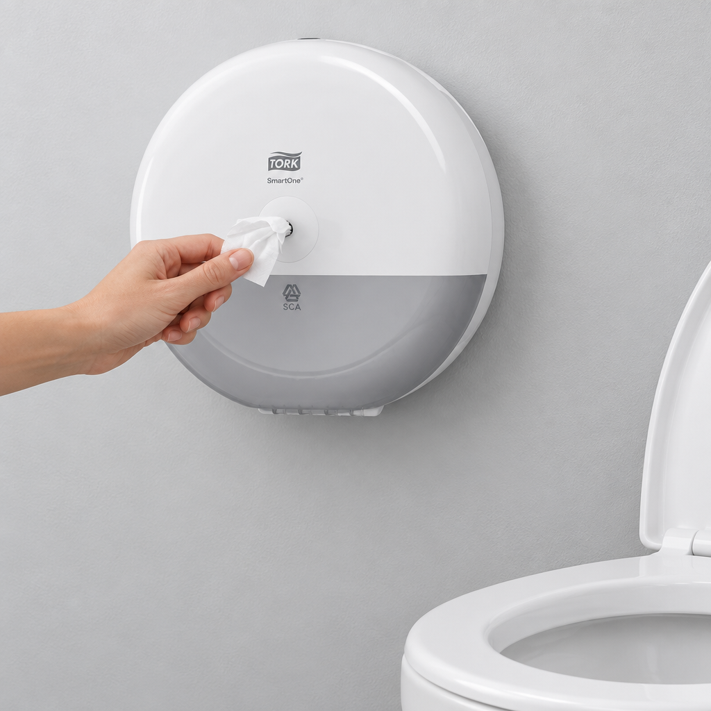 Hvid SmartOne T8-dispenser i brug ved toilet