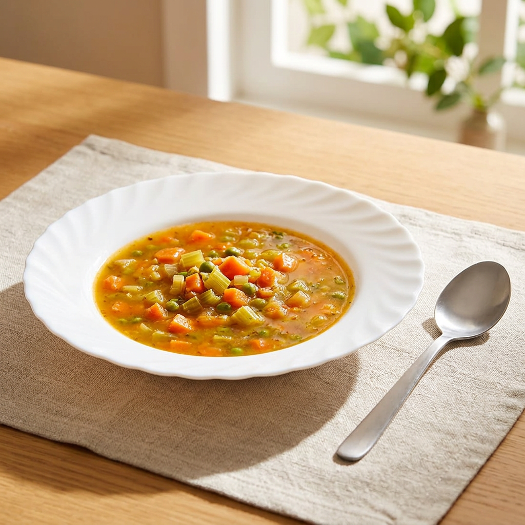 Hvid, dyb tallerken med grøntsagssuppe på solrigt bord