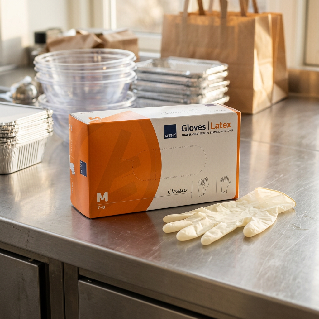 ABENA Classic M latexhandsker ved cateringpakkestation med sollys – stemningsbillede