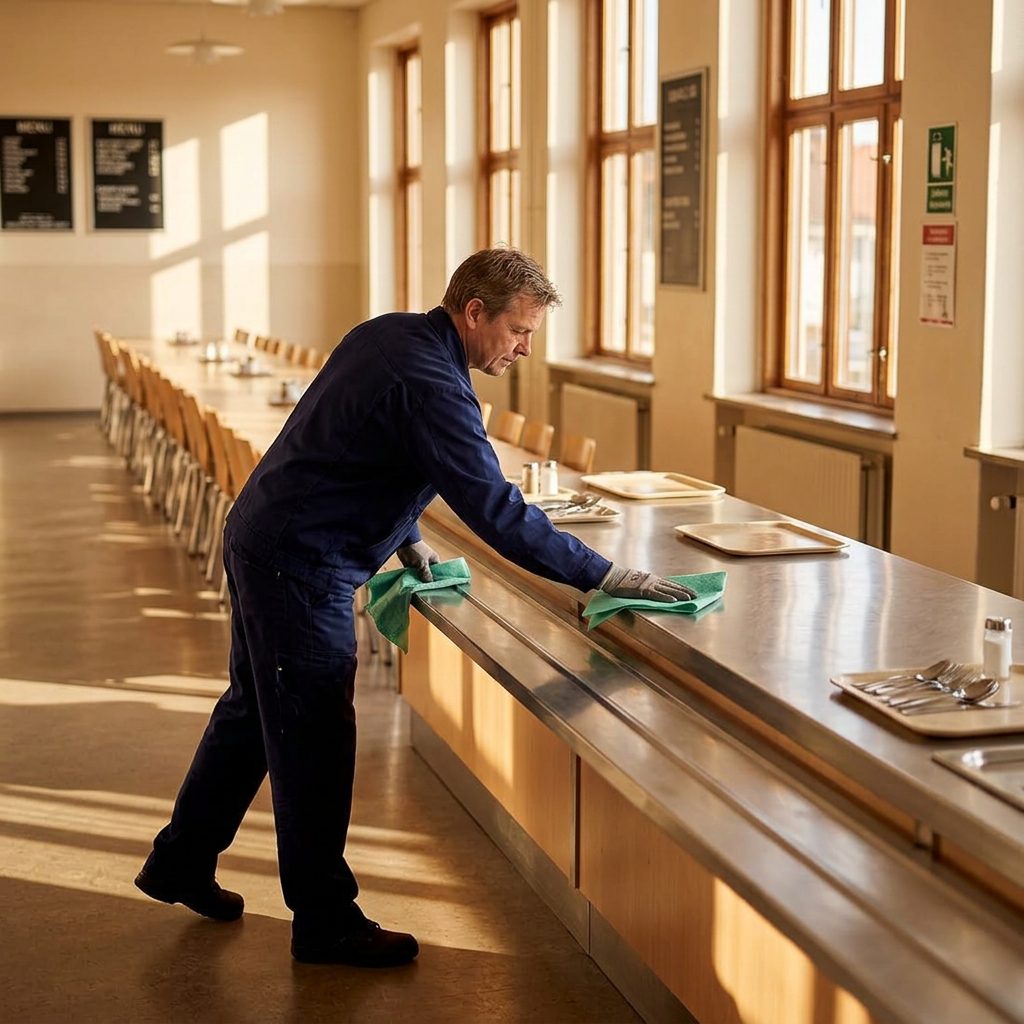 Rengøringsassistent aftørrer en kantinedisk med grøn alt-mulig-klud i sollys.