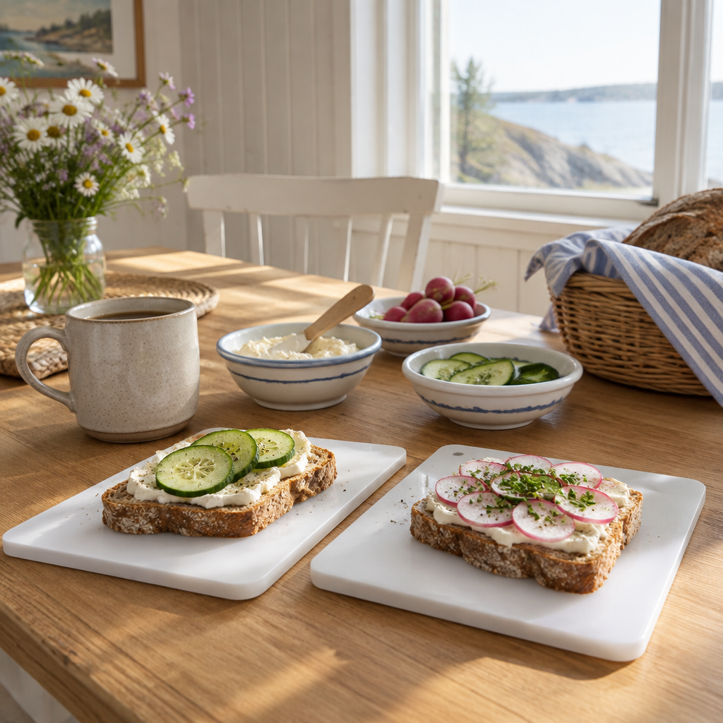 Miljøbillede af små hvide smørebrætter ved morgenbord i sommerhus, varenr. 4145