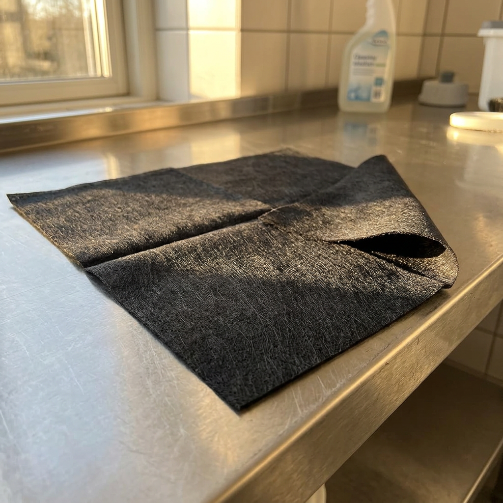 Sort altmuligklud på stålbord i solrigt serviceområde