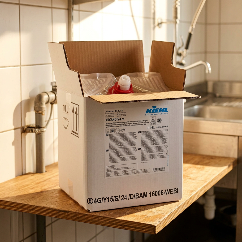 Kiehl Arcandis Eco 10 L bag-in-box på hylde i sollyst opvaskerum