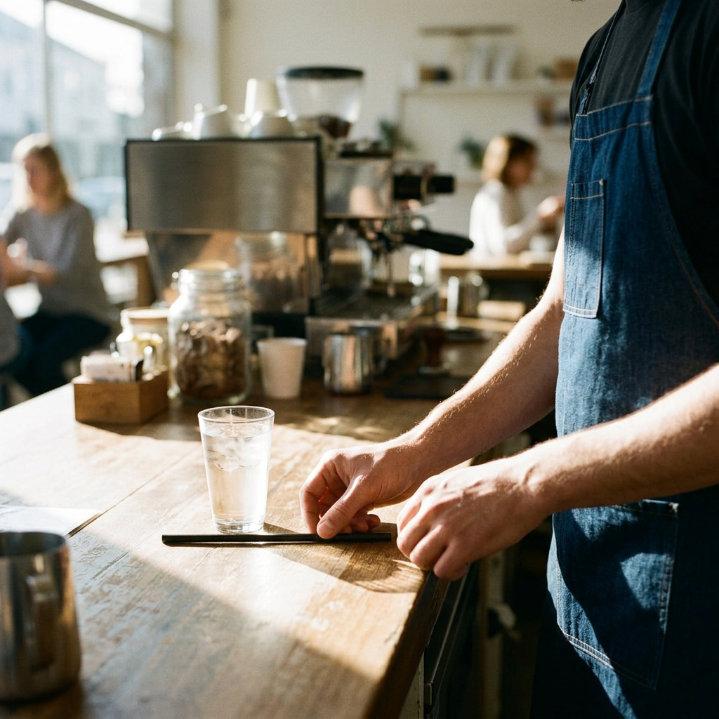 Voksen klargør et sort sugerør ved cafédisken i solskin, glas medfølger ikke