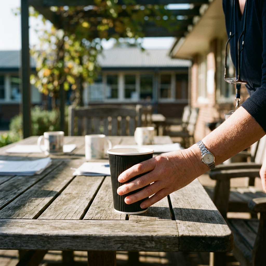 Voksen placerer sort Ripple Wall kaffebæger på bord på solrig skoleterrasse