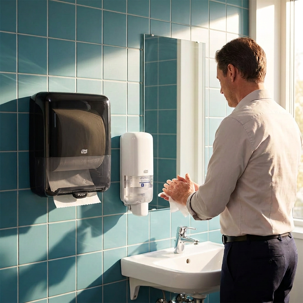 Medarbejder tørrer hænder ved sort Tork Matic H1 og separat hvid Tork S4-sæbedispenser i solskin. Sæbedispenser købes separat.