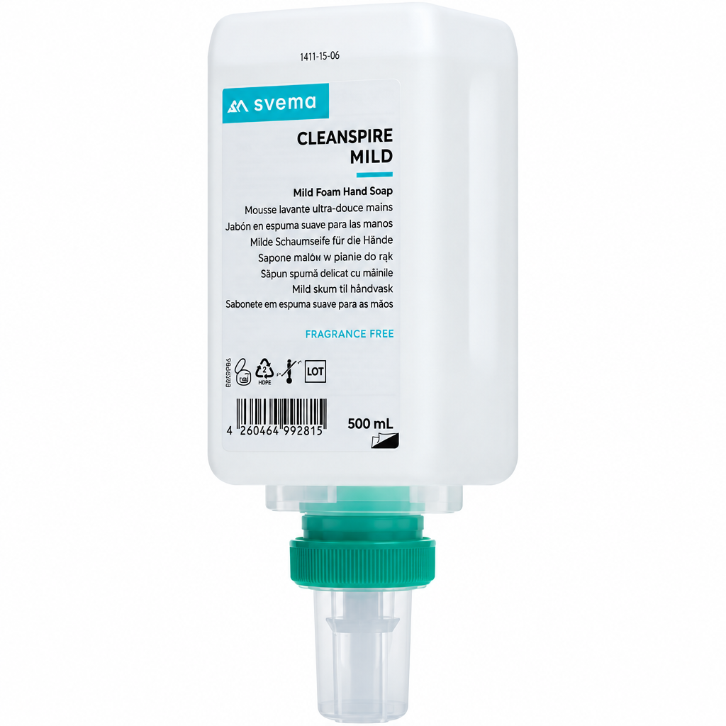 Svema Cleanspire Mild 500 ml-refill med grøn krave og pumpe på hvid baggrund