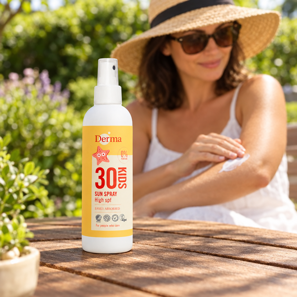 Derma Kids solspray med voksen der fordeler solcreme på armen