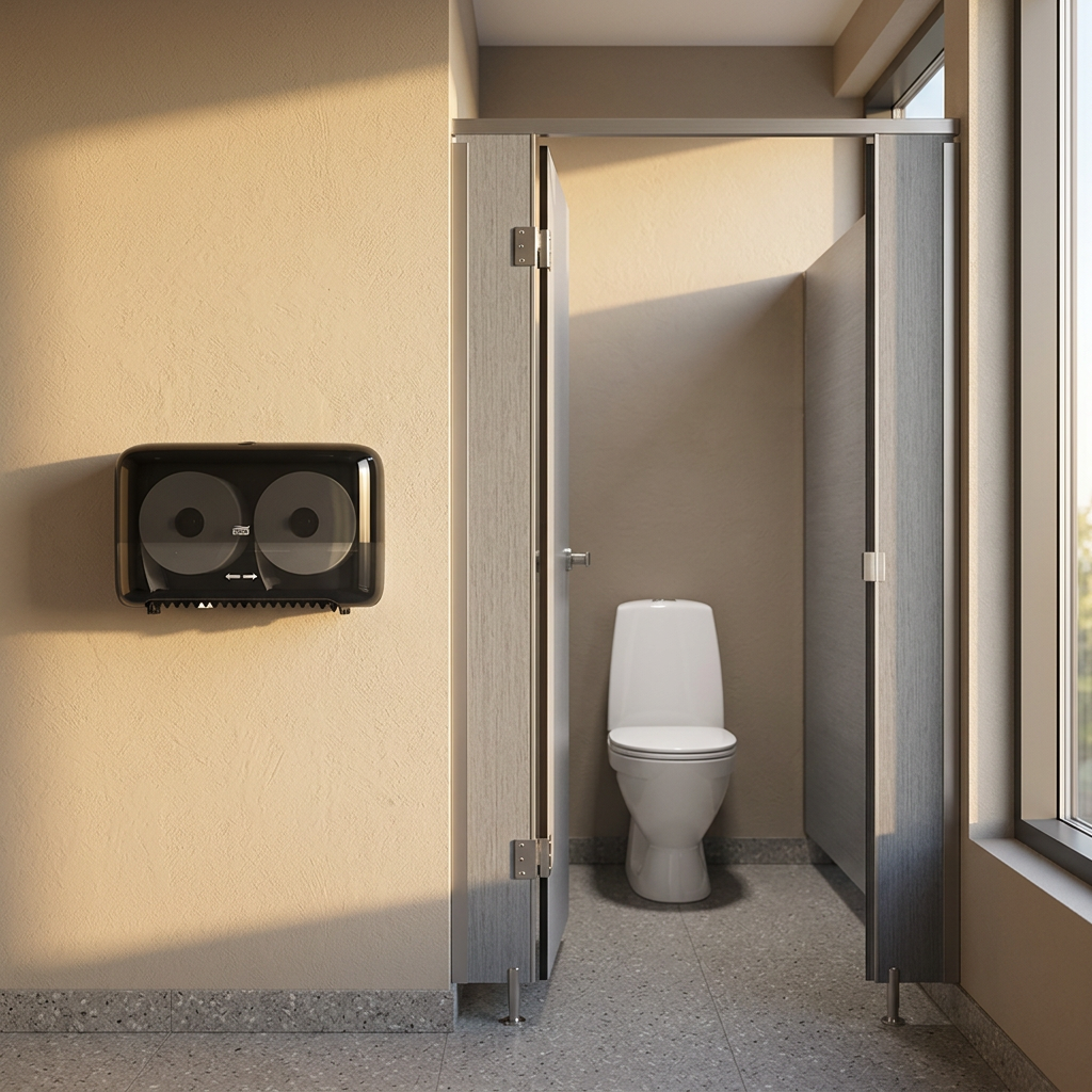 Sort Tork Twin-dispenser i bredt udsnit af sollyst kontortoilet, miljøillustration.