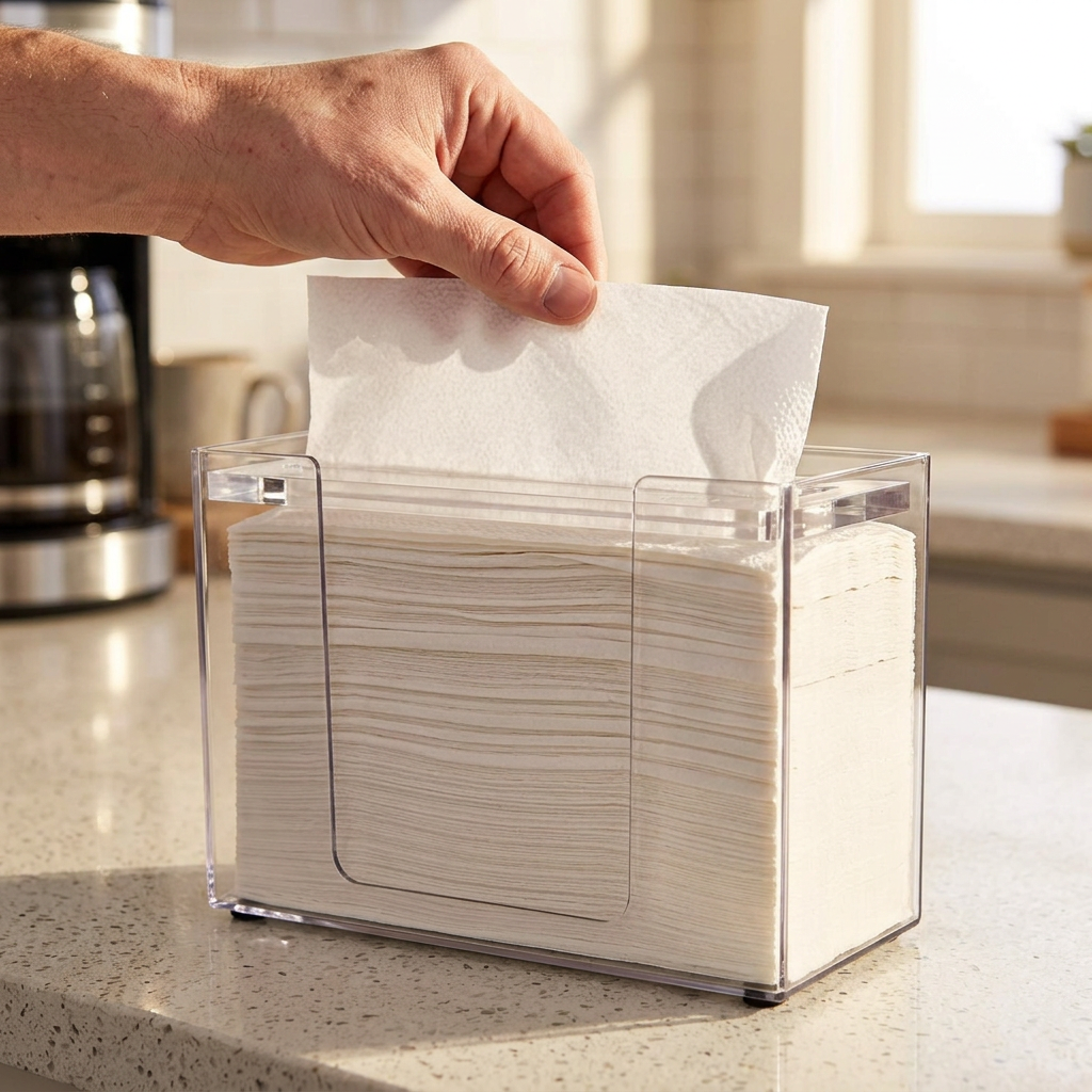 Hånd tager et papirhåndklæde fra transparent borddispenser