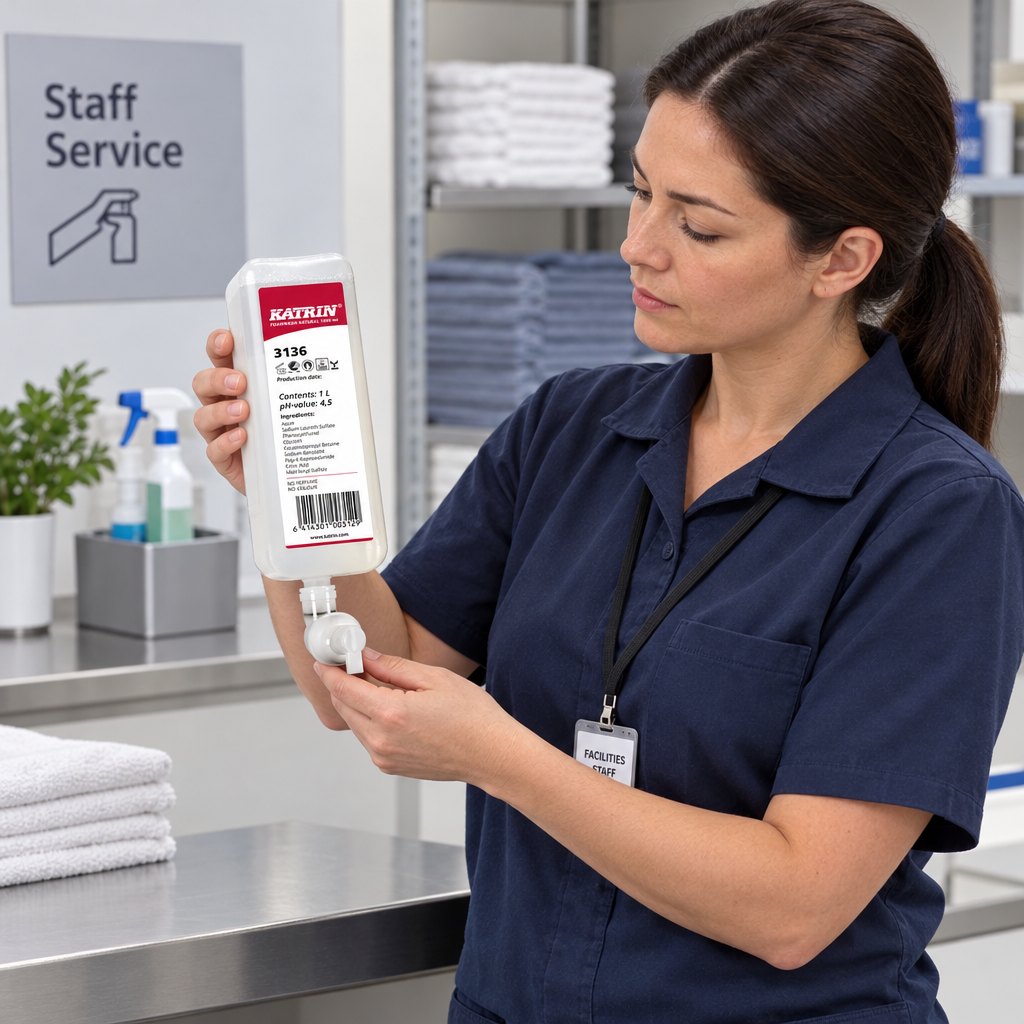 Medarbejder kontrollerer Katrin Natural-refill ved servicebord, stemningsbillede