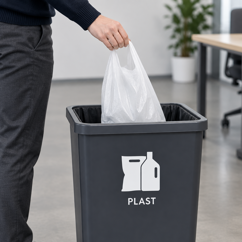 Person sorterer plastpose i mærket affaldsbeholder
