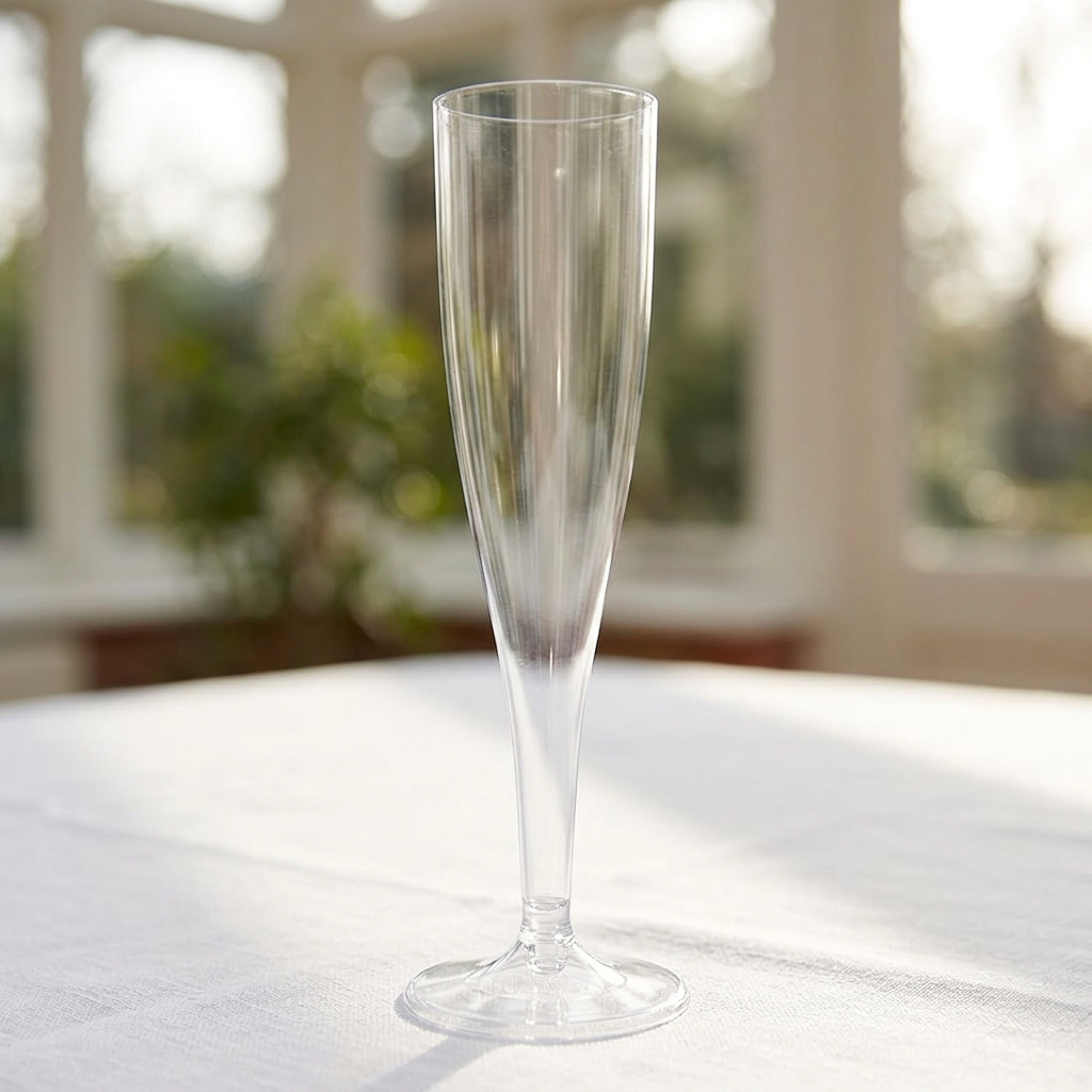 Tomt champagneglas i klar plast på lyst bord i solrig udestue