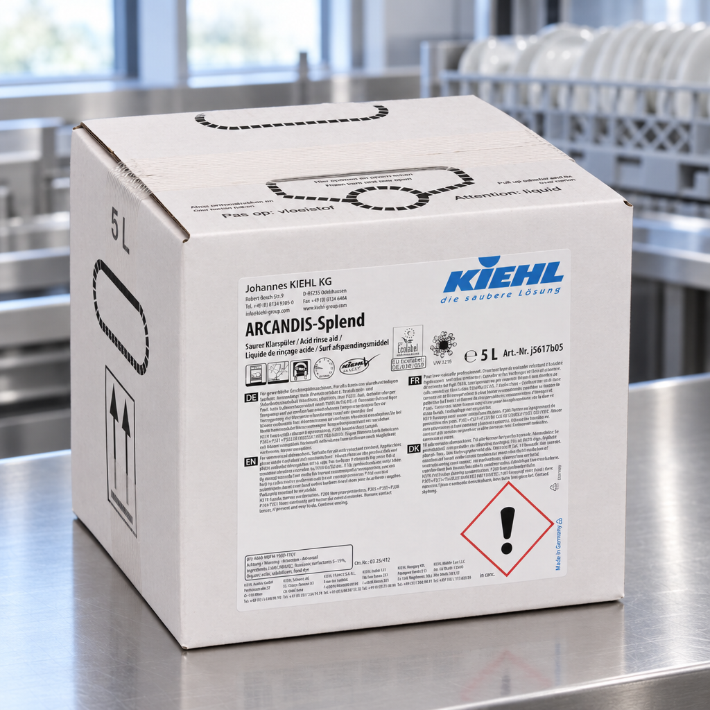 Kiehl Arcandis-Splend BIB 5 L på rustfrit arbejdsbord med tallerkenstativer