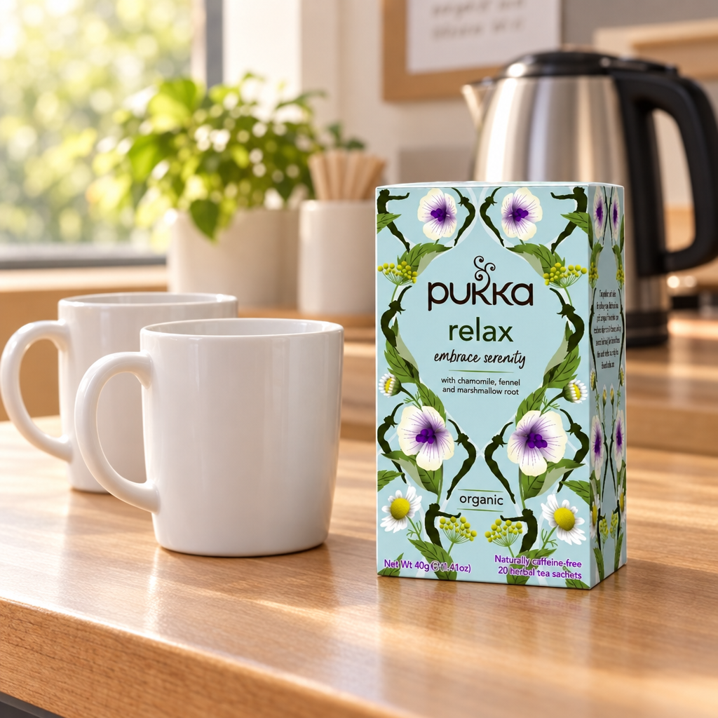 Pukka Relax ved en testation med to hvide krus og en elkedel
