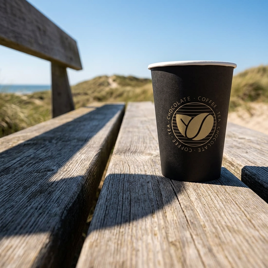 Sort Beans kaffebæger på solrig træbænk ved strand