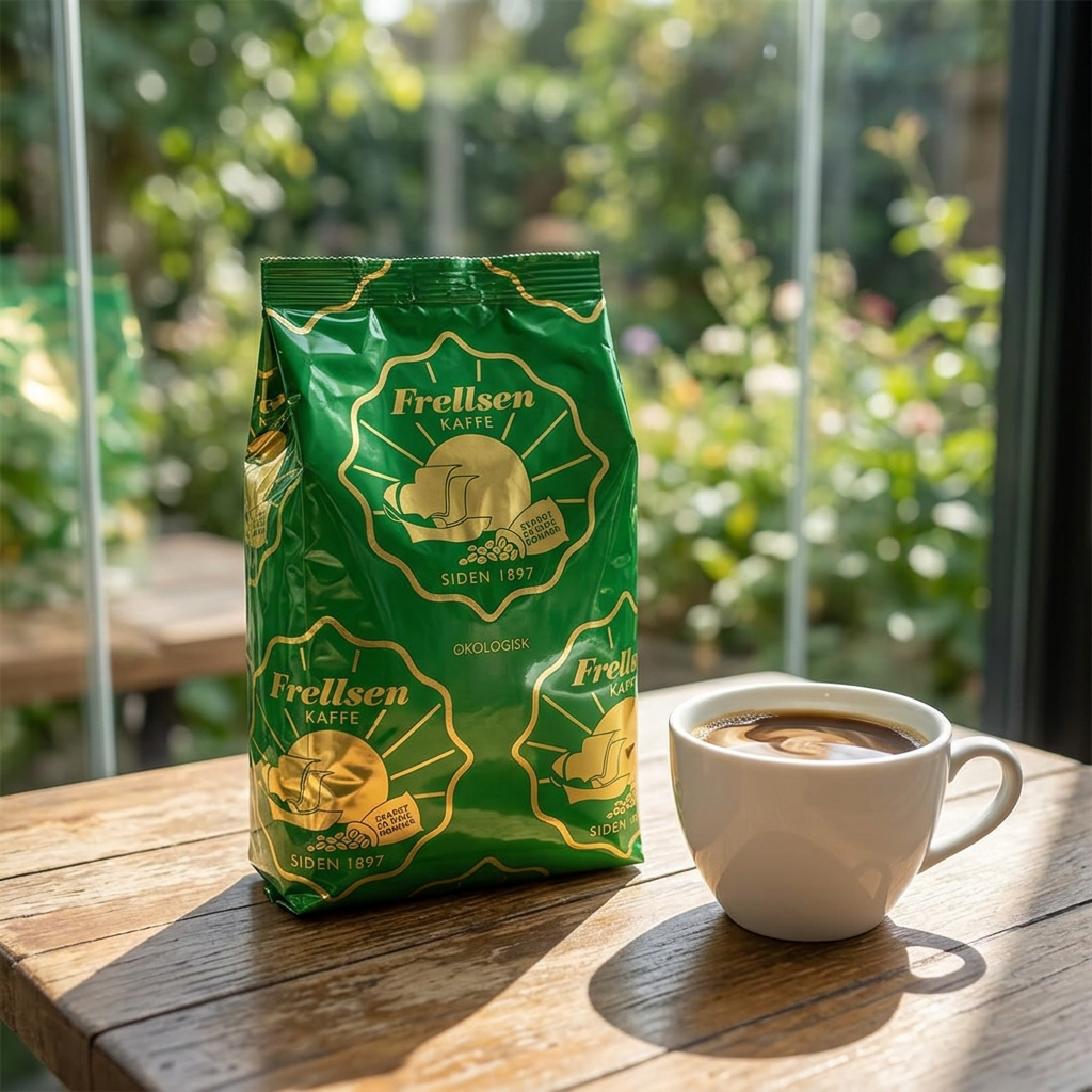 Frellsen-kaffepose ved en kop kaffe på solrigt cafébord, kop medfølger ikke