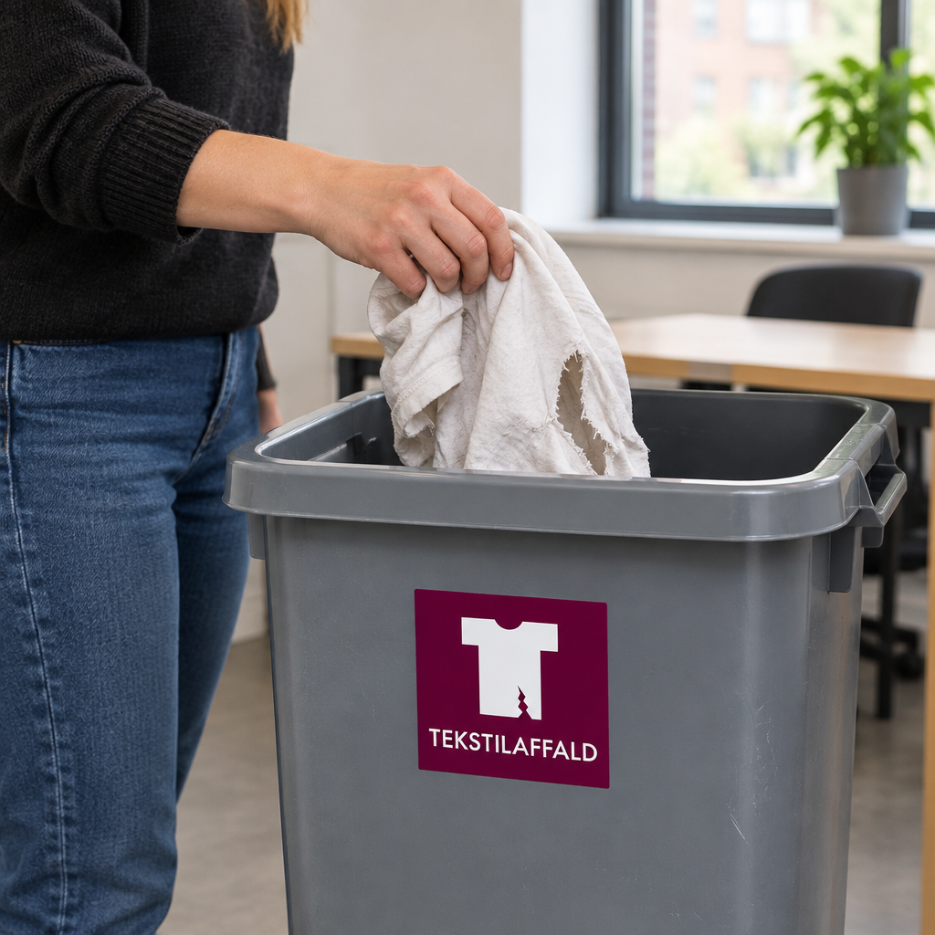 Person lægger slidt tekstil i grå affaldsbeholder med TEKSTILAFFALD-mærke