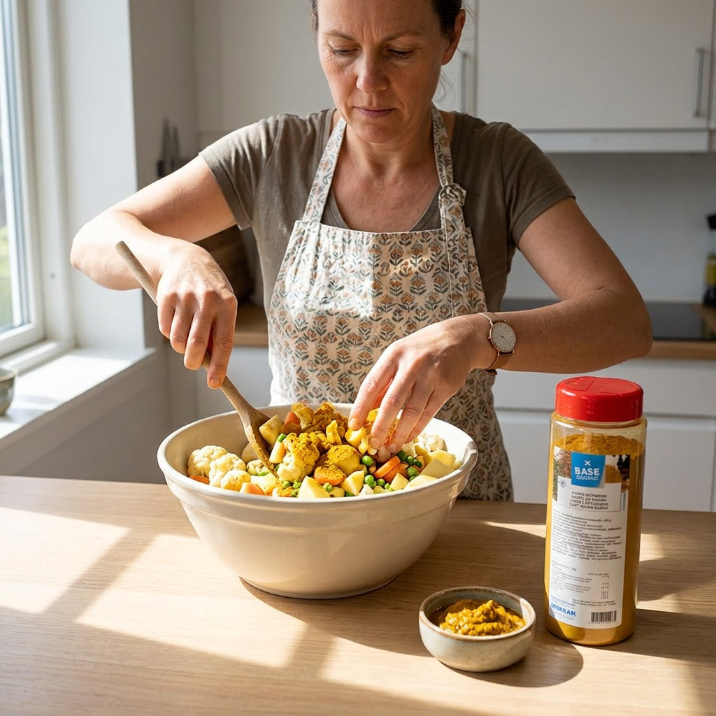 Kvinde blander karrykrydrede grøntsager med Base Culinar karry ved siden af