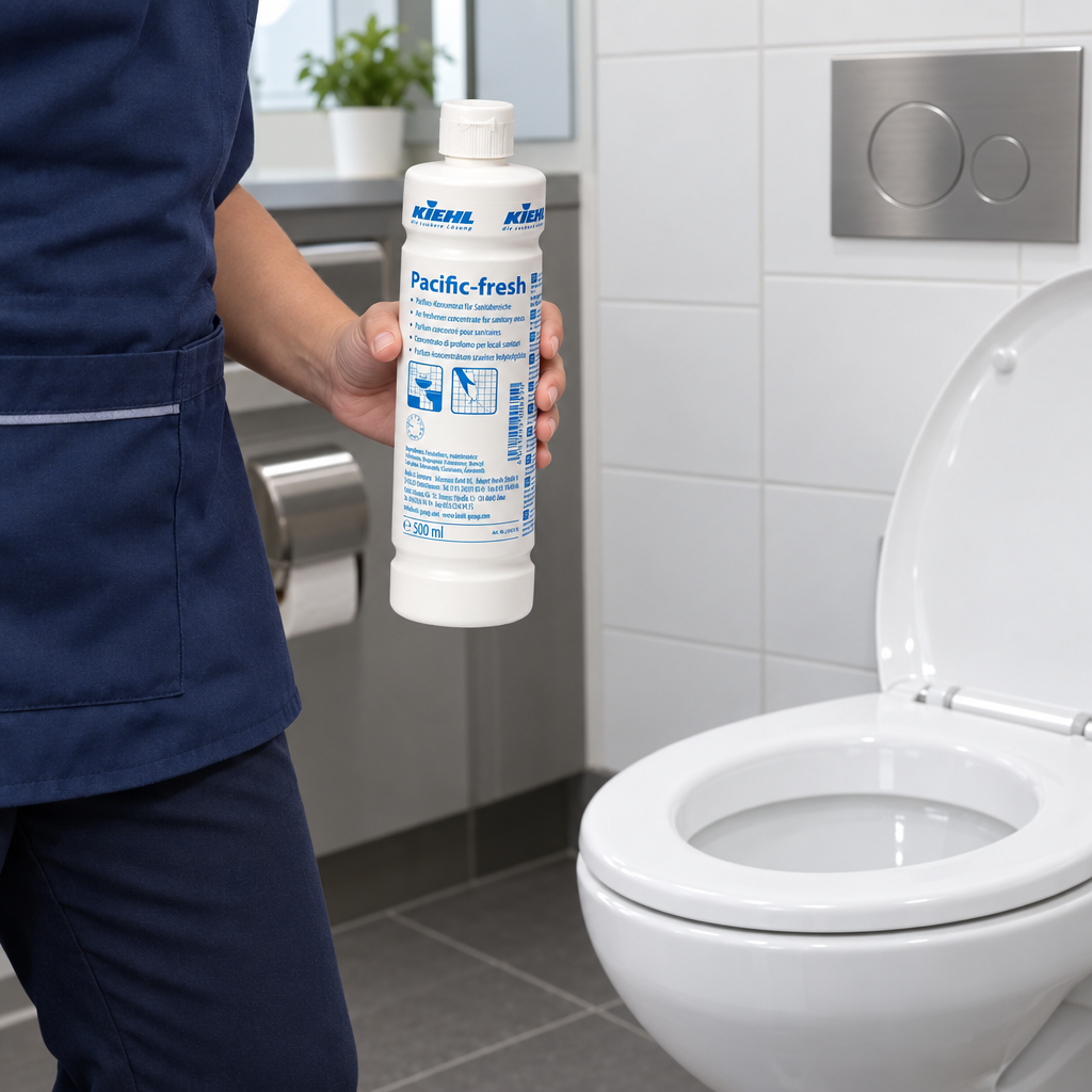 Kiehl Pacific-fresh 500 ml i rengøringsmedarbejderens hånd ved et WC før brug