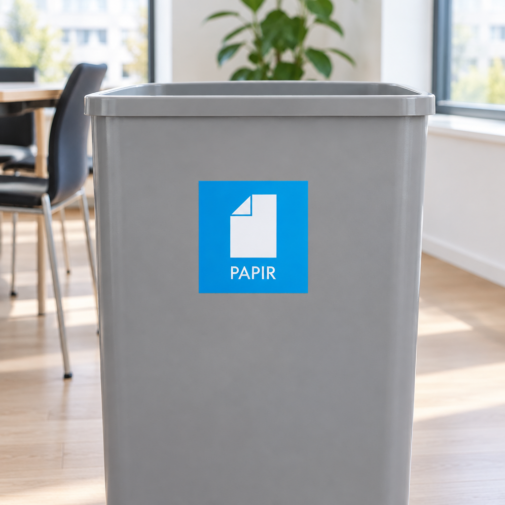 Blåt PAPIR-piktogram på beholder i lyst mødelokale