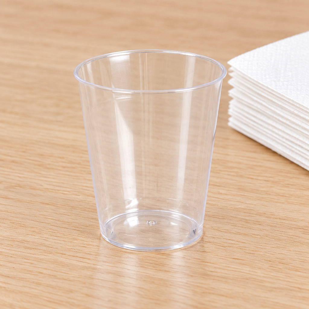 Tomt klart PS-shotglas på lyst bord ved hvide servietter