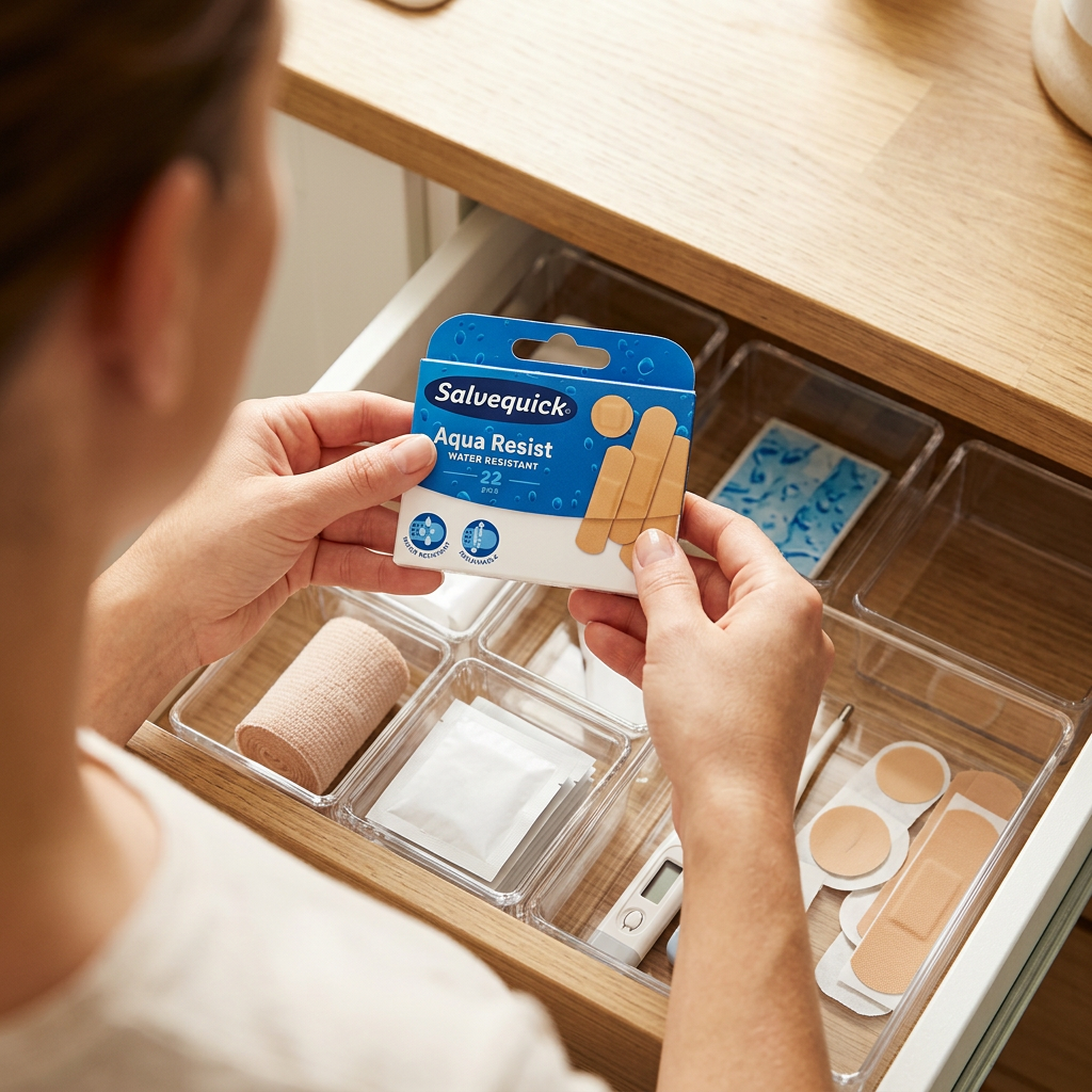 Voksen organiserer førstehjælpsskuffe med Salvequick Aqua Resist, øvrige forsyninger medfølger ikke