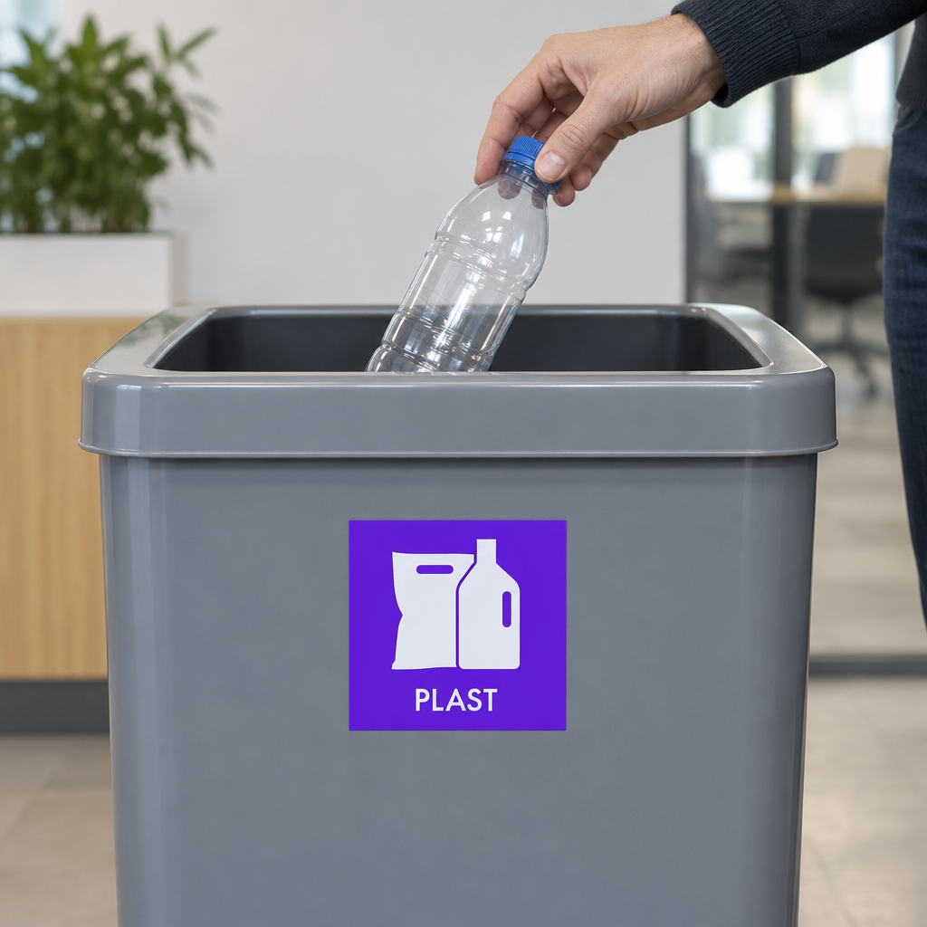 Brugssituation: plastflaske placeres i beholder med lilla PLAST-piktogram