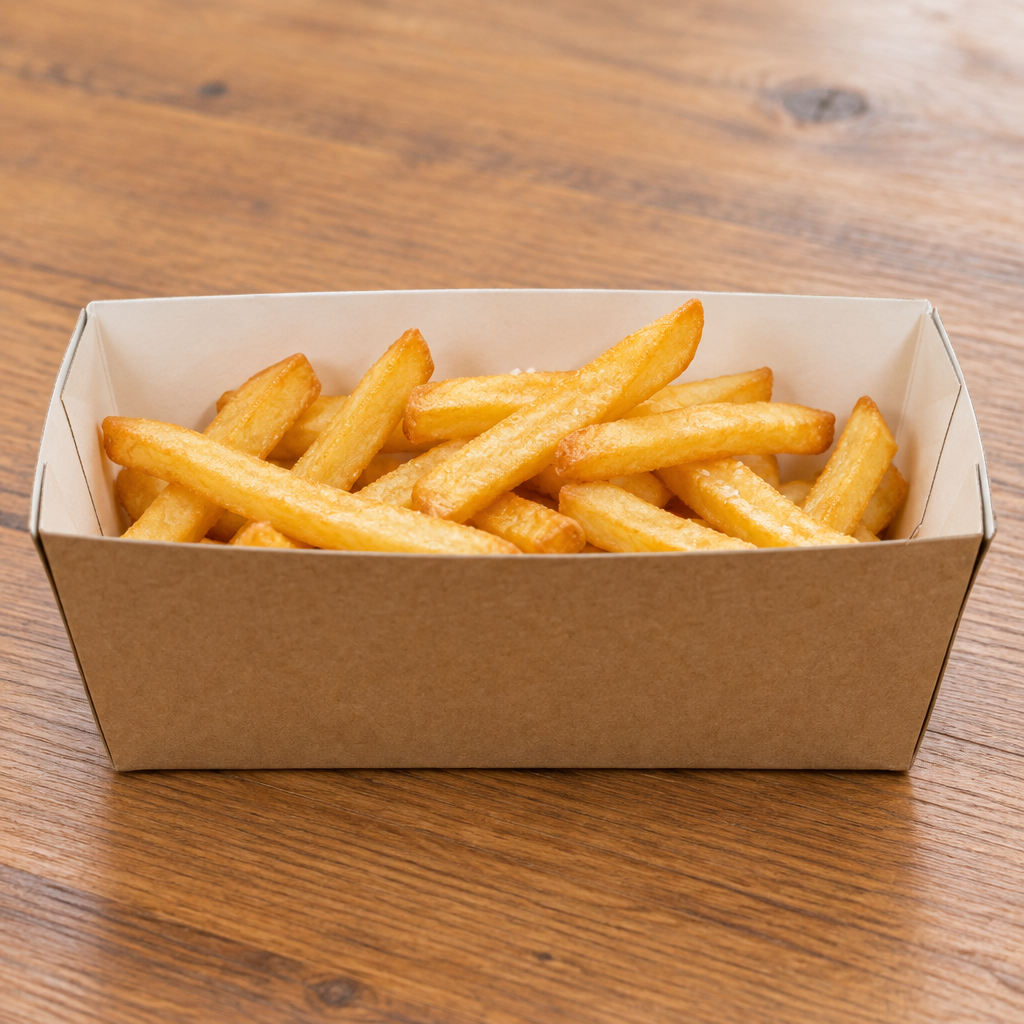 Brun kartonbakke med pommes frites på træbord