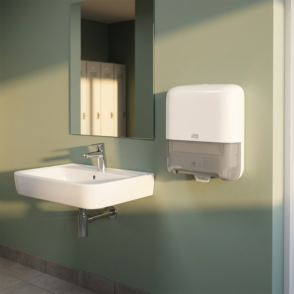 Tork Matic H1 dispenser på grøn væg i sollyst personaletoilet