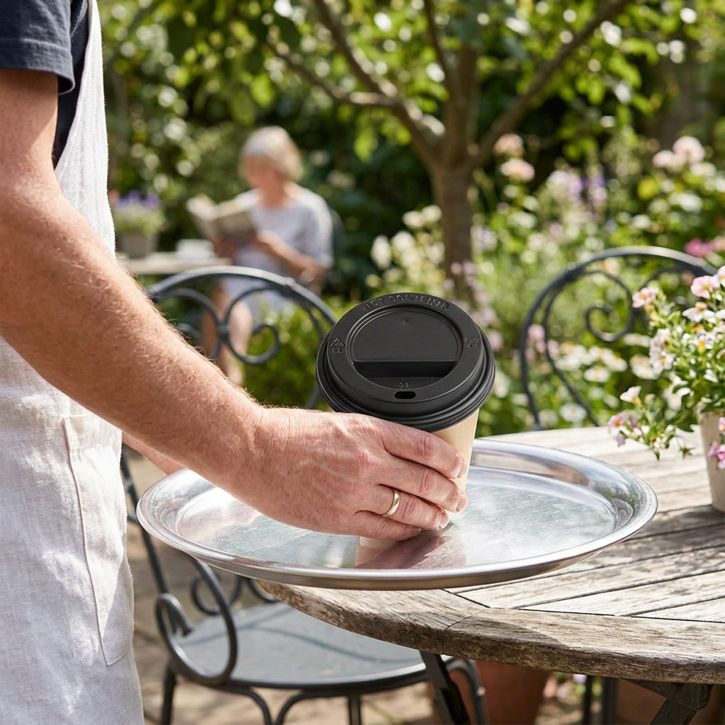 Voksen serverer bæger med sort låg på bakke ved solrig havecafé, stemningsbillede