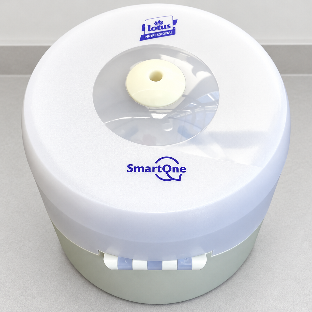 Hvid Lotus SmartOne Mini-dispenser set skråt på servicebord