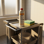 Kristalin Clean med orange etiket på rengøringsvogn i solskin