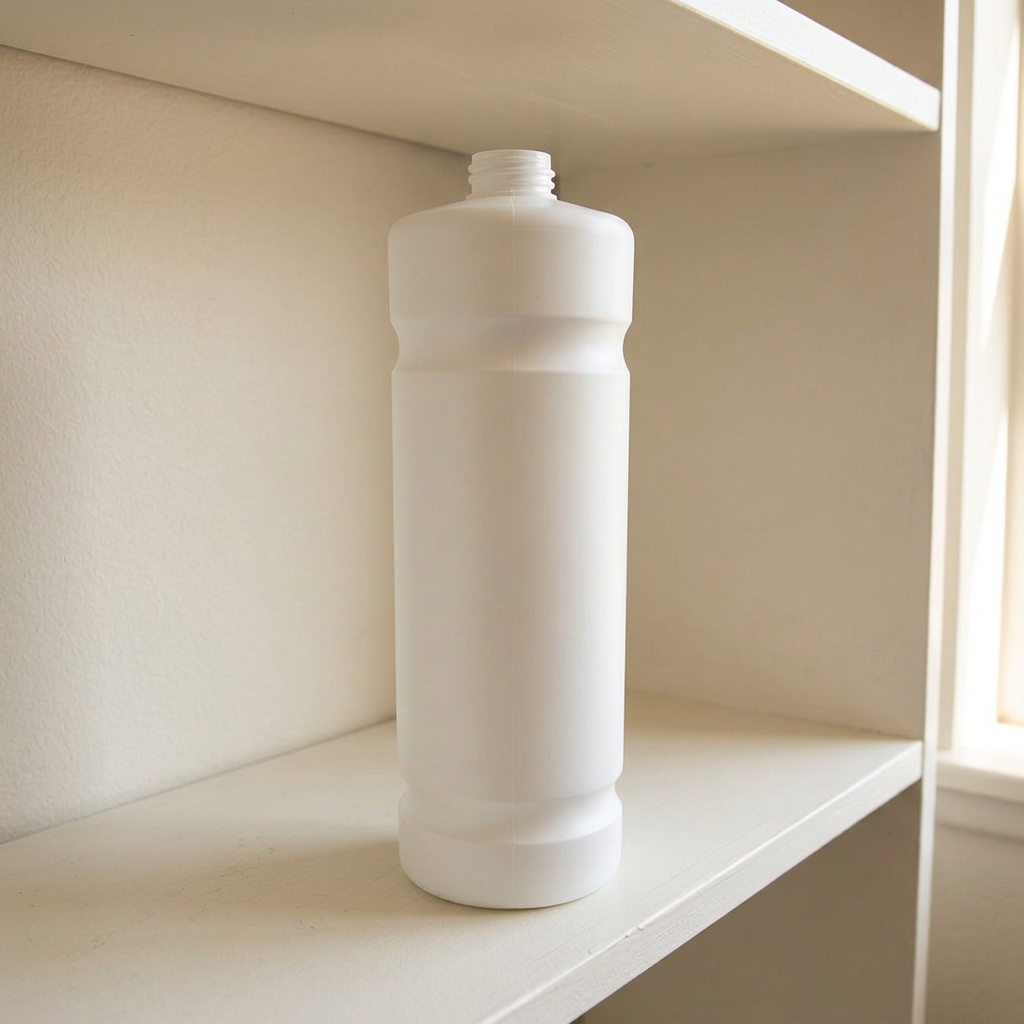Tom 1-liters Kiehl flaske uden låg på hylde ved vindue