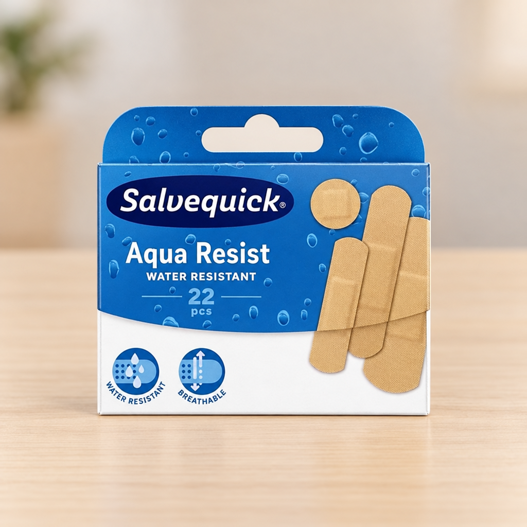 Salvequick Aqua Resist plasterpakke på lys træbordplade