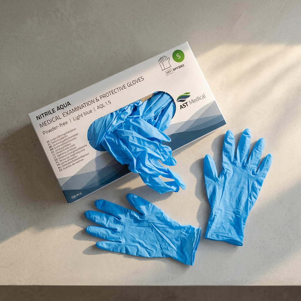 Blå nitrilhandsker og Nitrile Aqua S set ovenfra