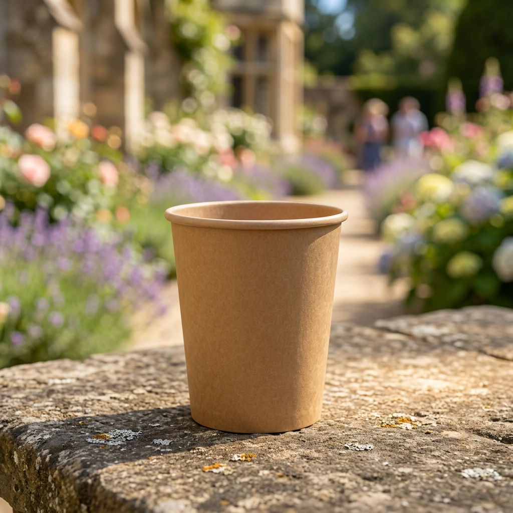 Brunt kaffebæger uden tryk på stenbord ved blomstrende kulturhave i solskin