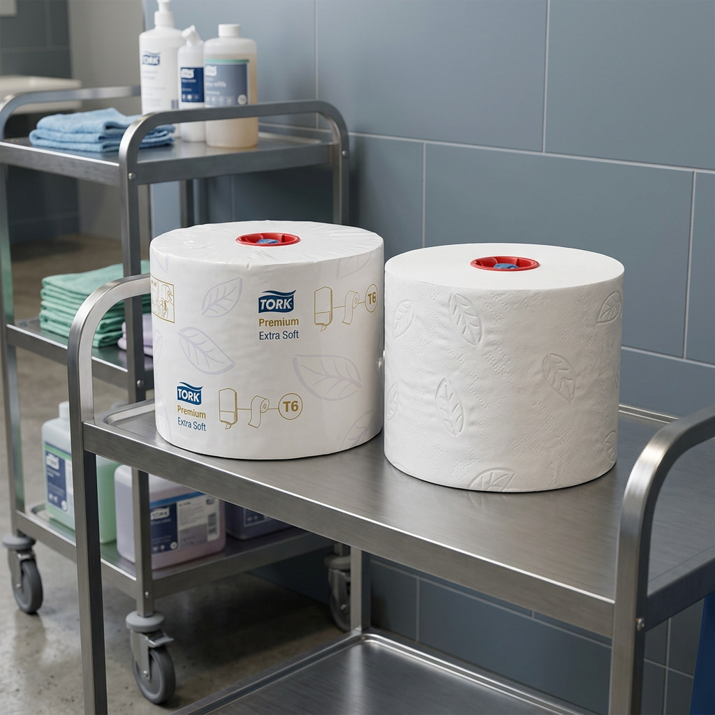 Tork Premium Extra Soft T6-toiletruller på servicevogn i toiletrum