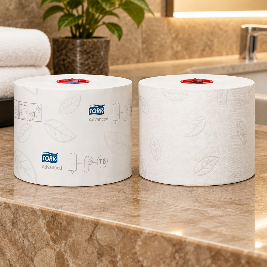 Tork T6 Mid-size toiletpapirruller ved klargøring i hotelmiljø