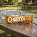 Corny Big Brownie på picnicbord ved vandflaske