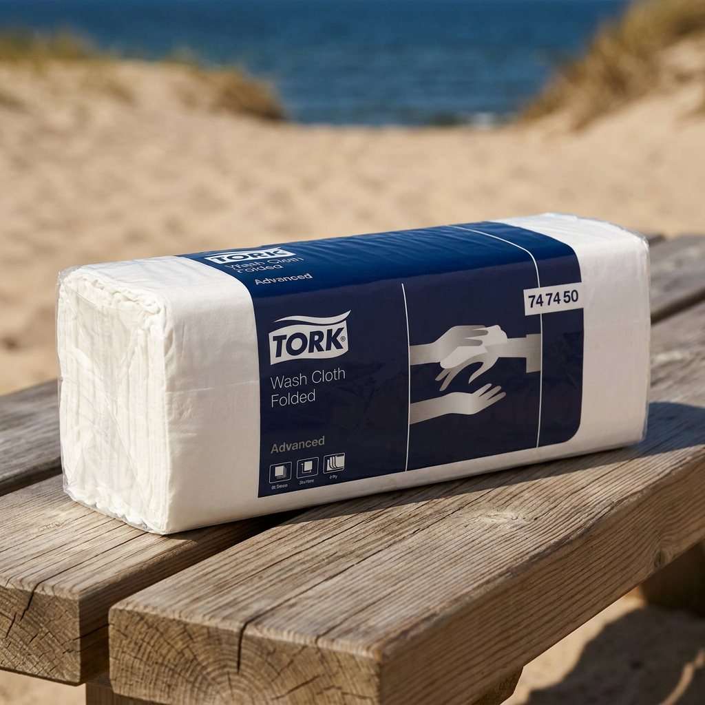 Én pakke Tork 747450 papirvaskeklude på bænk ved solrig strand