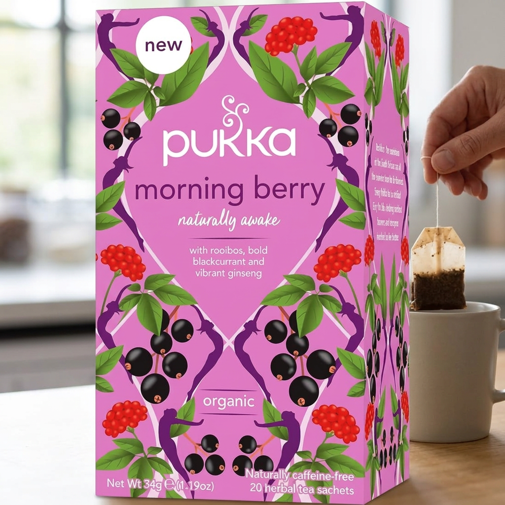 Tebrevet løftes op af koppen efter brygning af Pukka Morning Berry